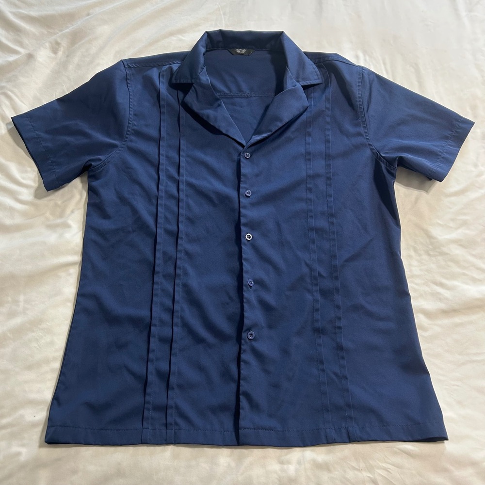 Coofandy Mens Navy Blue Guayabera Shirt Short Sleeve Camp Collar Pleated Small